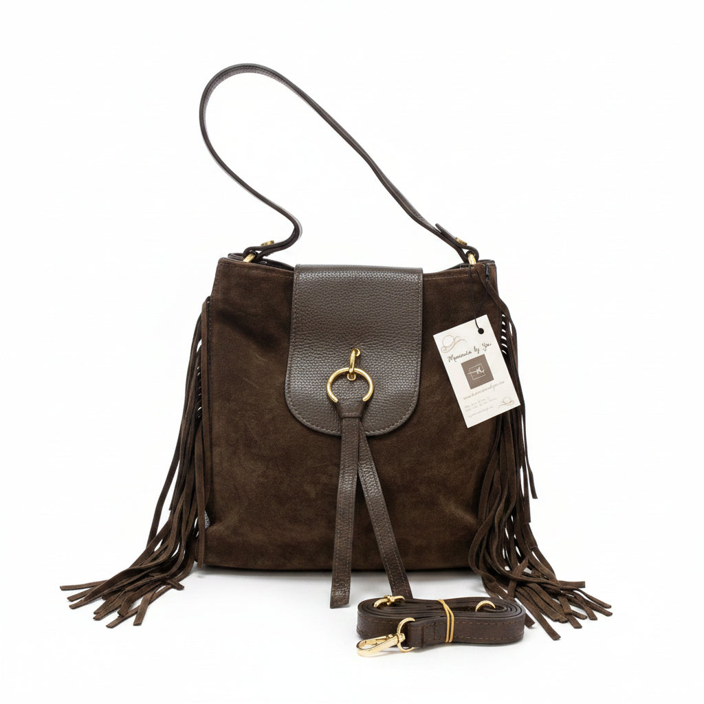 Bolso de mano y bandolera piel 100% ante con flecos color chocolate