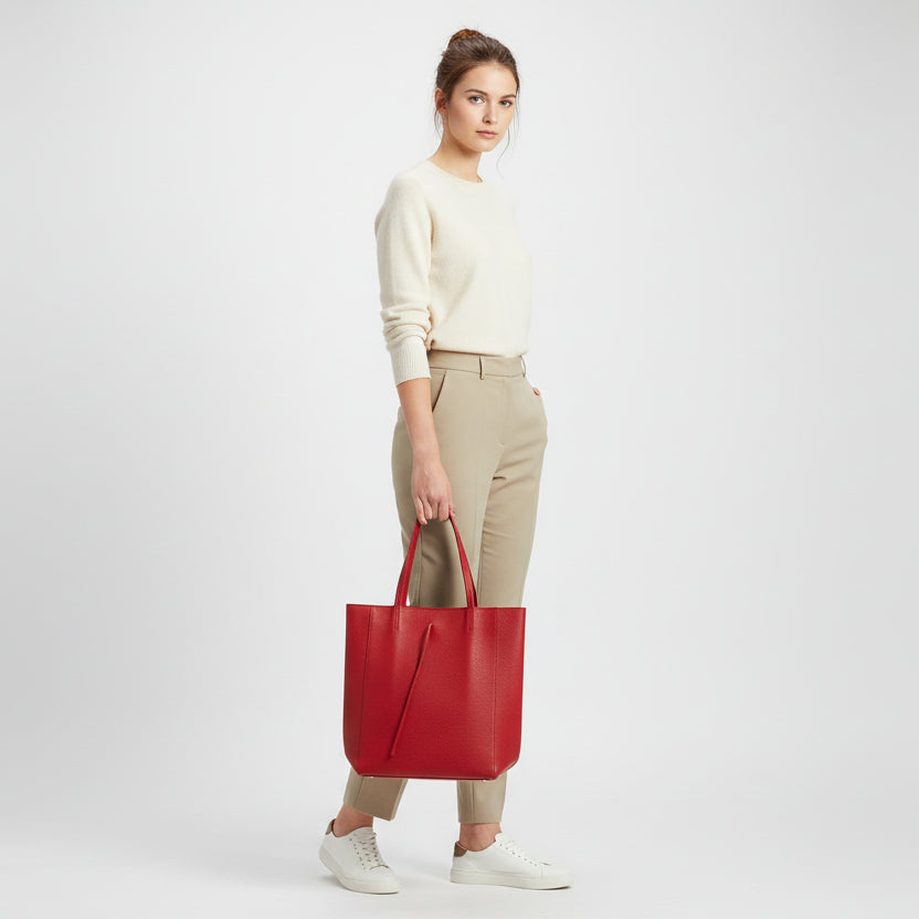 Bolso de piel 100% vacuno tipo shopper alargado básico rojo - Moments by You