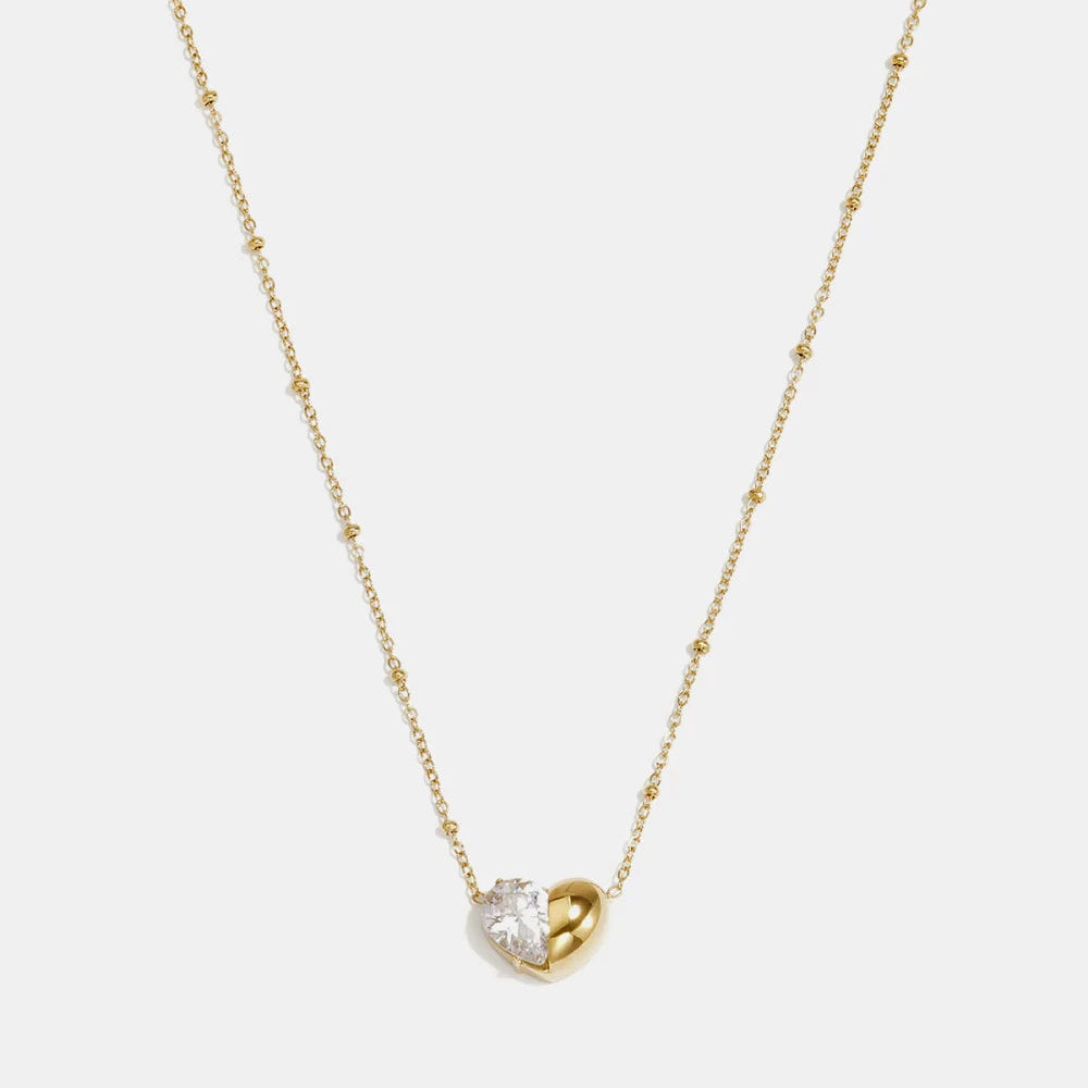 Collar de acero con esferas y dije de corazón mitad circonita en acabado oro - Moments by You