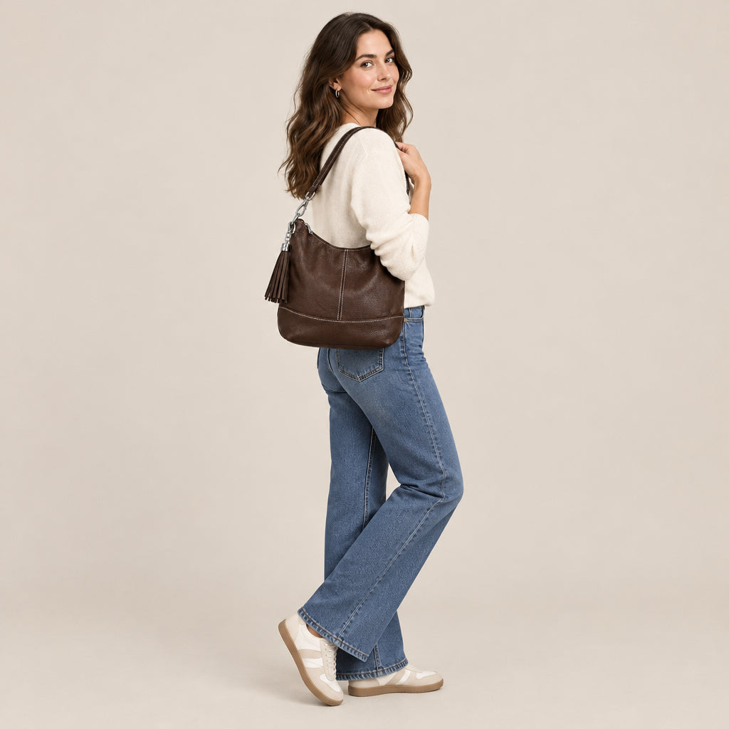 Bolso hobo mediano piel 100% auténtica con pespuntes blancos