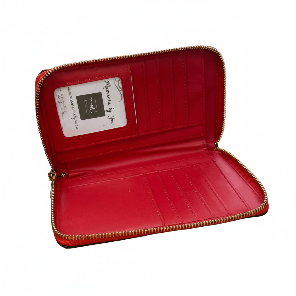 Cartera larga con diseño de cuadrados en color rojo y acabado oro - Moments by You