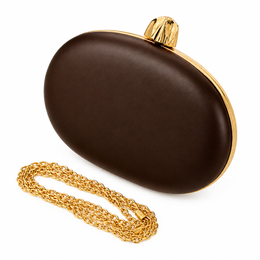 Bolso fiesta clutch con forma ovalada en chocolate y dorado