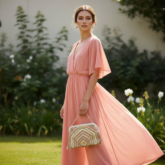 Bolso de mano tipo clutch 100% fibra natural en tonos salmón y beige adornado con cuentas - Moments by You