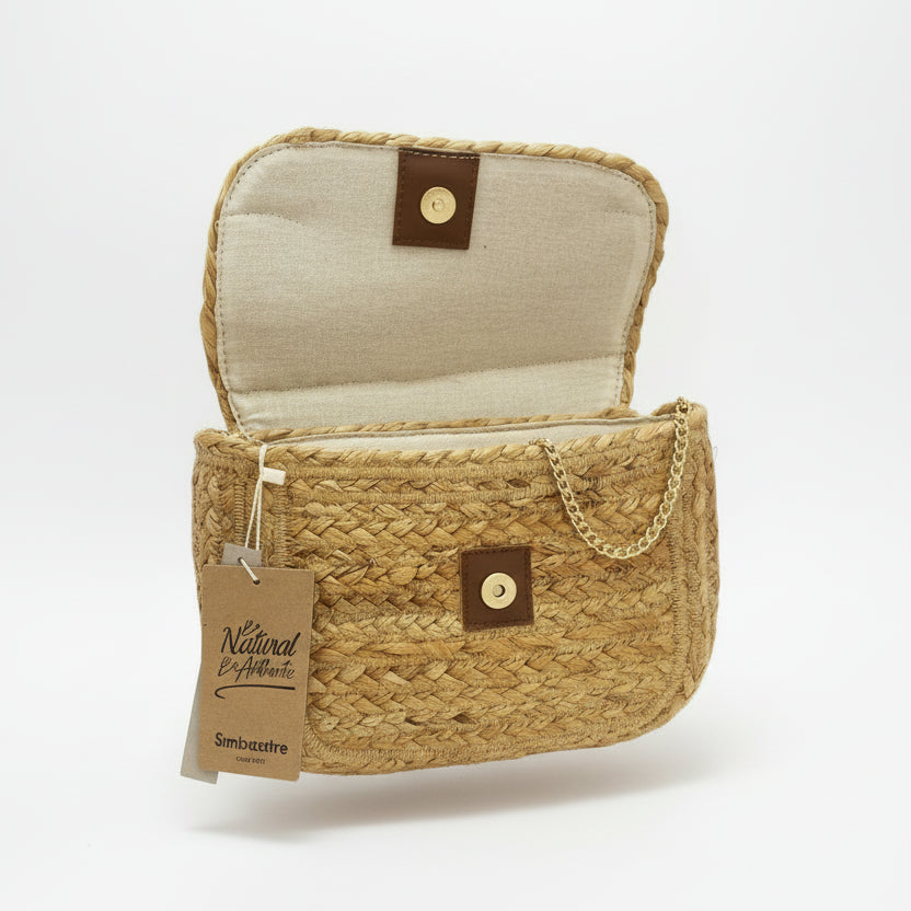 Bolso bandolera de yute natural y solapa con diseño de tela dorada - Moments by You