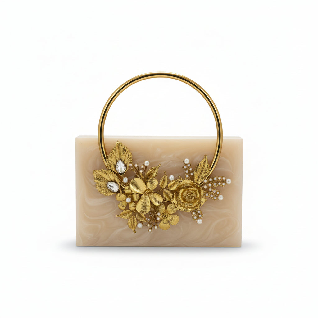 Bolso de fiesta acrílico beige efecto marmolado diseño floral y perlas en acabado oro - Moments by You