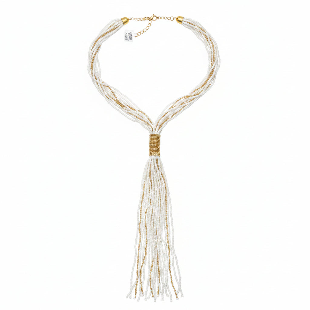 Collar largo de tiras con cuentas blancas y doradas - Moments by You
