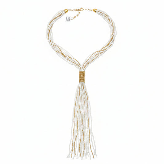 Collar largo de tiras con cuentas blancas y doradas - Moments by You