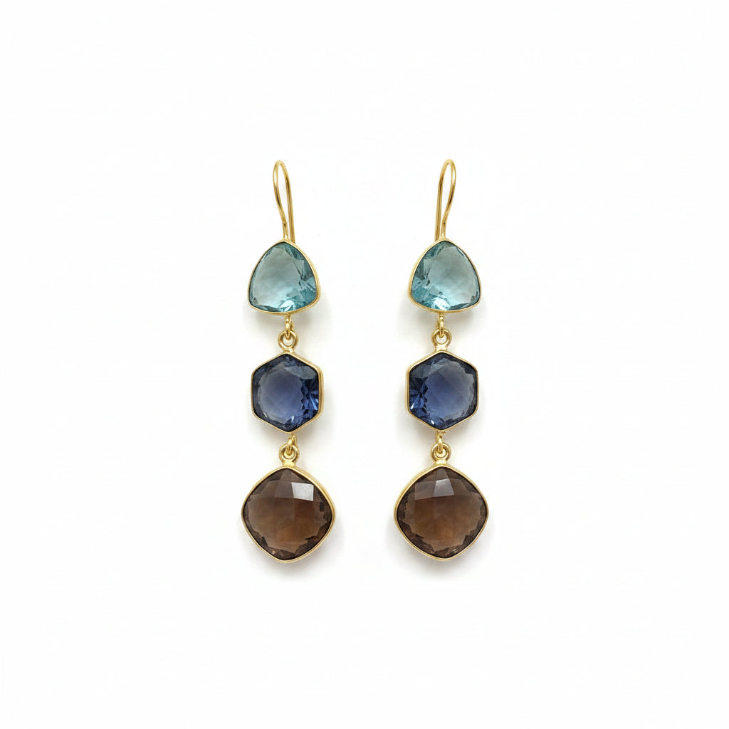 Pendientes largos de gancho tres alturas de piedras naturales traslucidas en diferentes colores