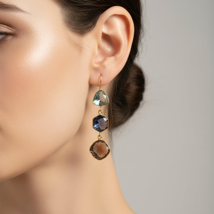 Pendientes largos de gancho tres alturas de piedras naturales traslucidas en diferentes colores