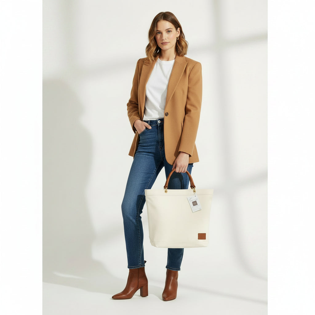 Bolso de mano y bandolera tipo shopper de loneta con detalles en camel - Moments by You
