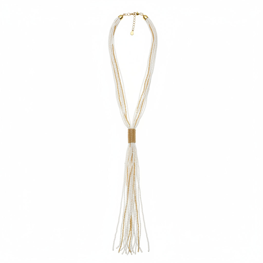 Collar largo de tiras con cuentas blancas y doradas - Moments by You