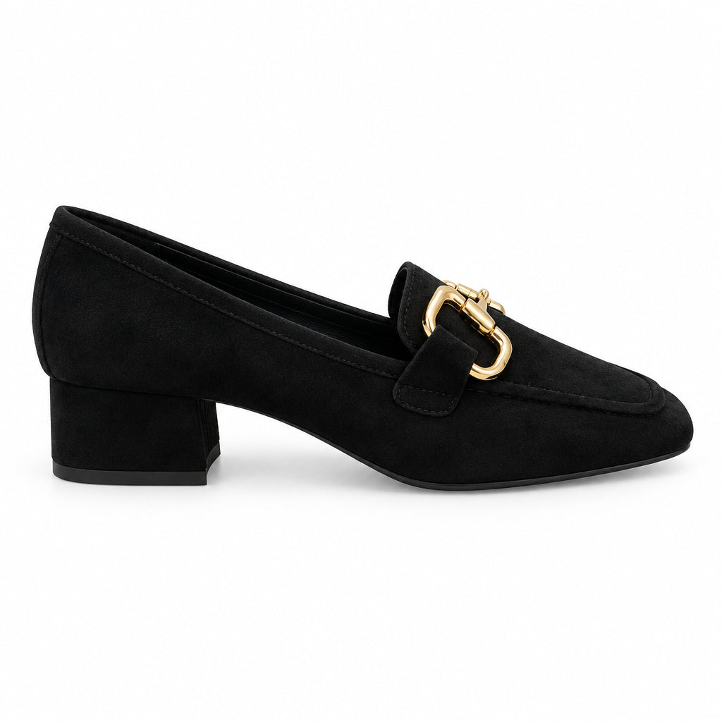Mocasines de tacón terciopelo negro con hebilla dorada