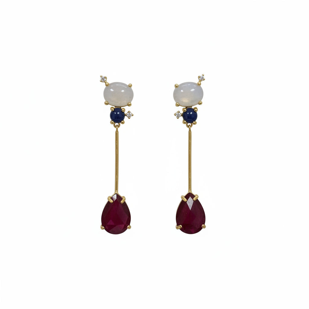 Pendientes largos de latón con dos piedras naturales de diferentes colores
