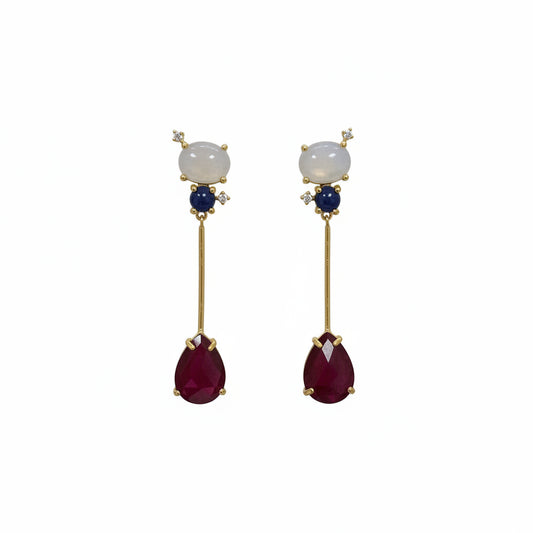 Pendientes largos de latón con dos piedras naturales de diferentes colores