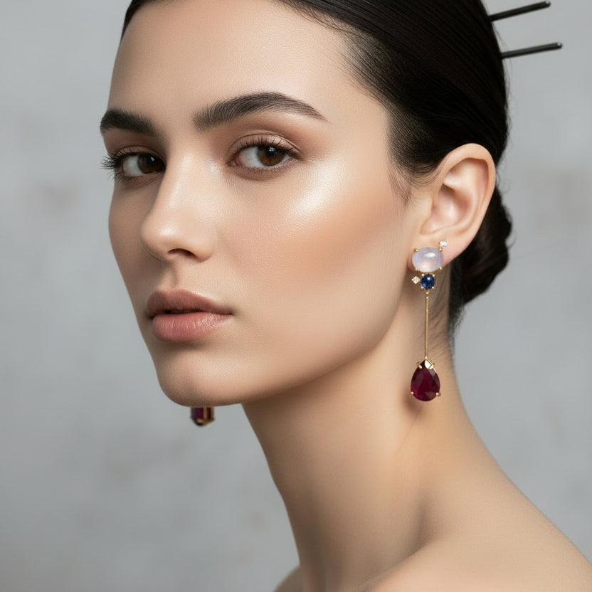 Pendientes largos de latón con dos piedras naturales de diferentes colores