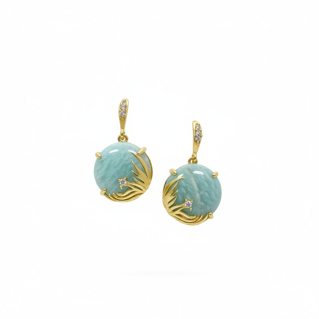 Pendientes de latón con circonitas y piedra natural redonda con diseño dorado
