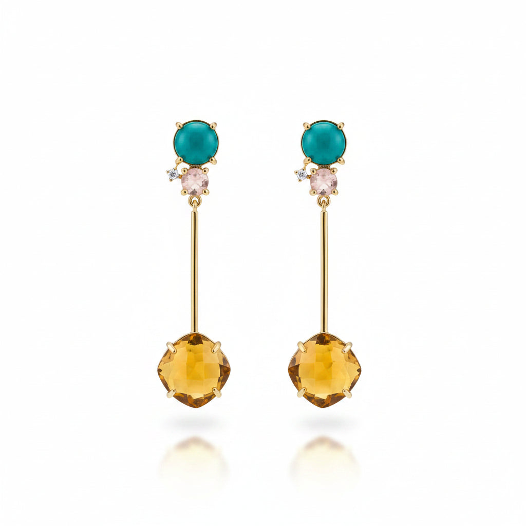 Pendientes largos de latón con dos piedras naturales de diferentes colores