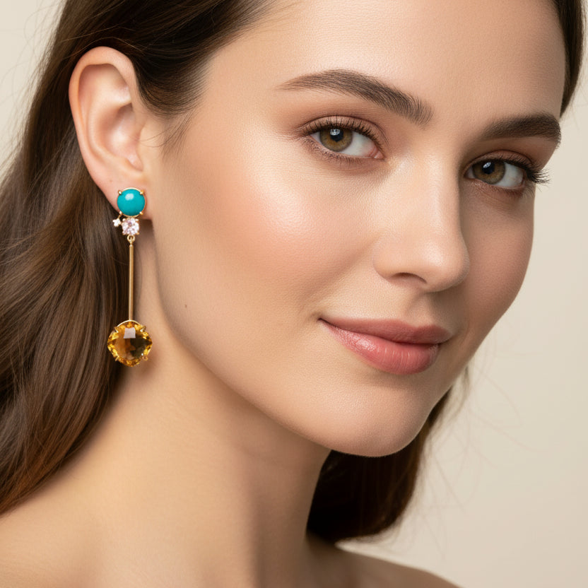 Pendientes largos de latón con dos piedras naturales de diferentes colores