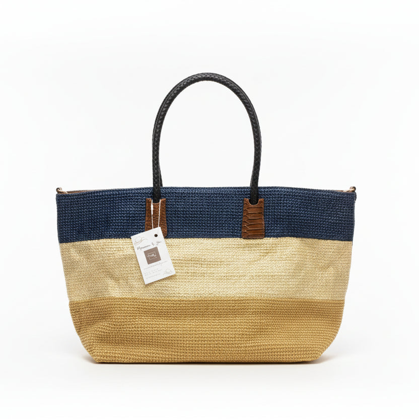Bolso shopper tipo rafia combinado con efecto piel y rayas - Moments by You
