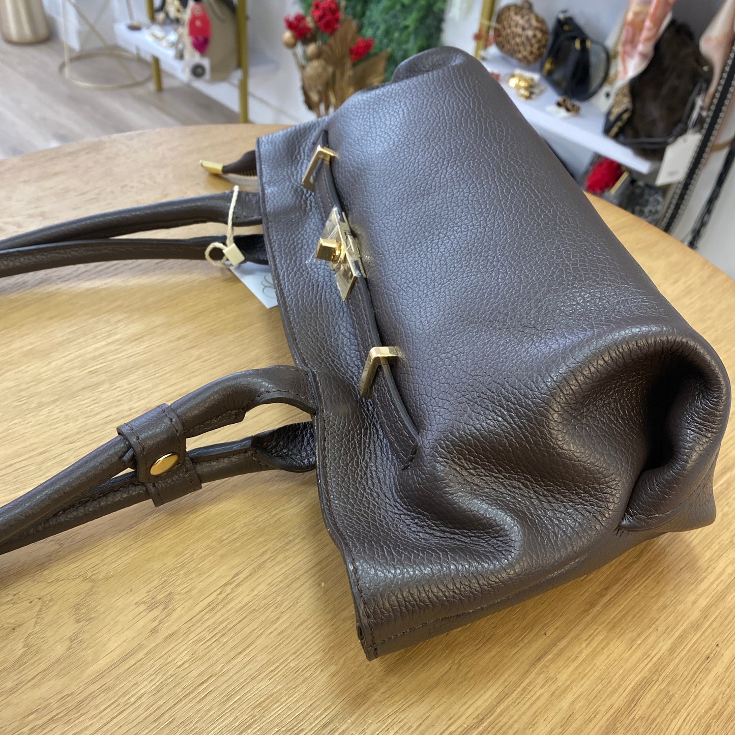 Bolso de hombro piel 100% auténtica con asas largas color chocolate