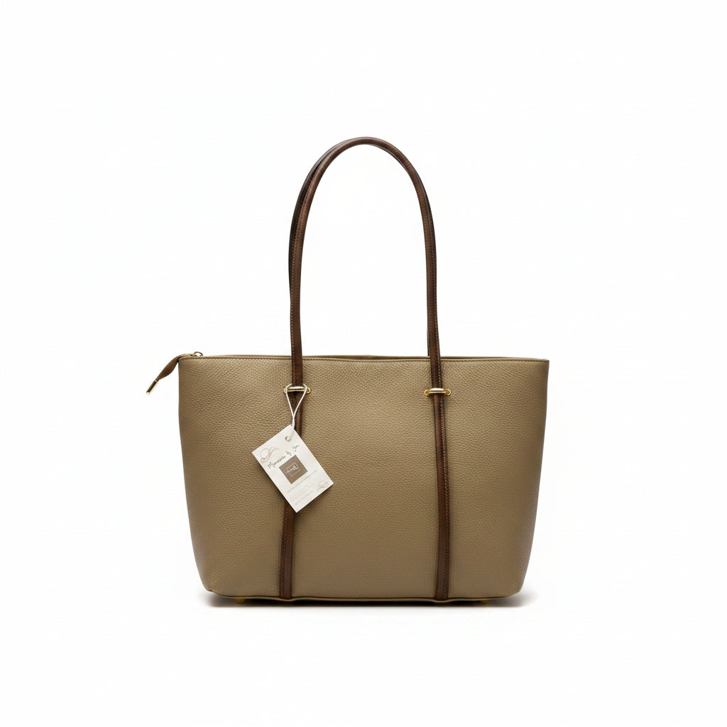 Bolso shopper piel 100% vacuno liso con asas largas y detalles dorados