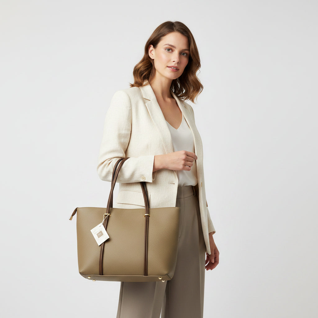 Bolso shopper piel 100% vacuno liso con asas largas y detalles dorados