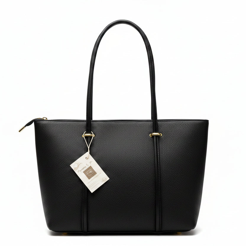 Bolso shopper piel 100% vacuno liso con asas largas y detalles dorados - Moments by You