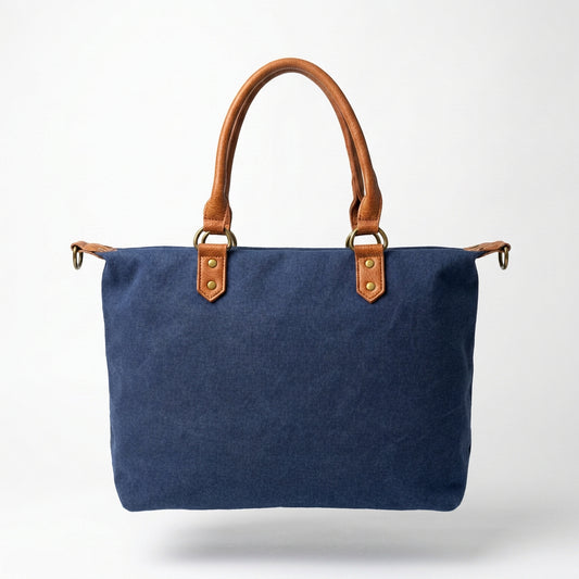 Bolso shopper grande de lona rectangular con asas y detalles camel