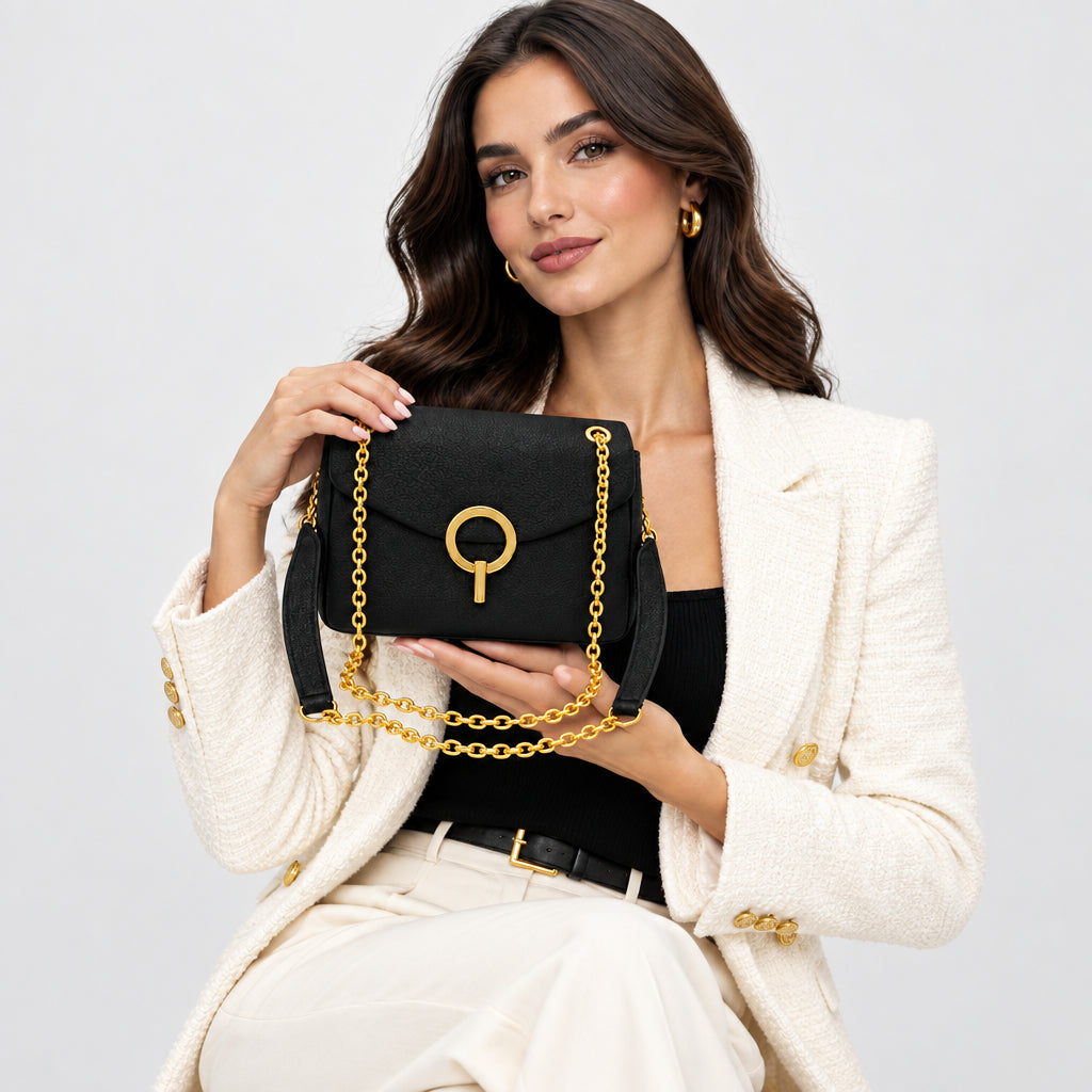 Bolso bandolera con solapa y detalle de cierre dorado
