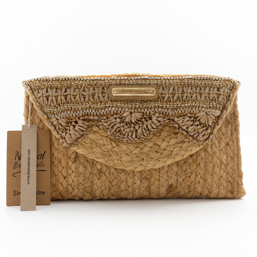 Bolso de mano tipo clutch hecho de yute y solapa con un diseño de tela y de tipo sobre - Moments by You
