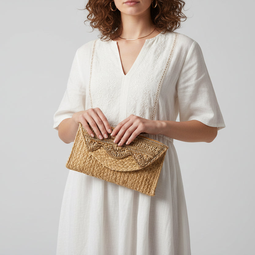 Bolso de mano tipo clutch hecho de yute y solapa con un diseño de tela y de tipo sobre - Moments by You