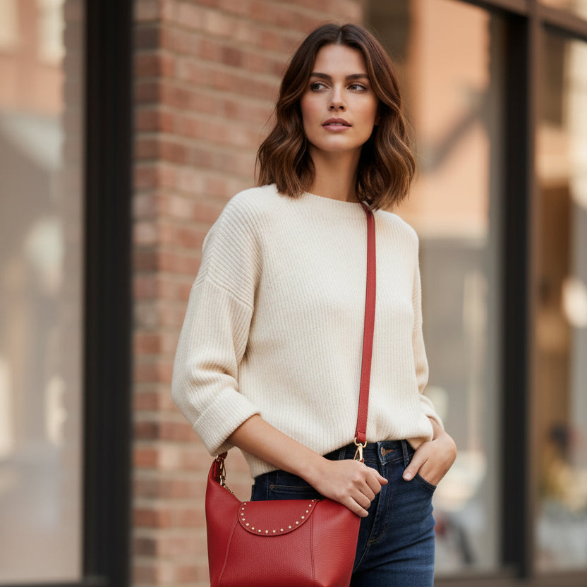 Bolso bandolera de piel 100% auténtica de solapa con tachuelas doradas en varios colores