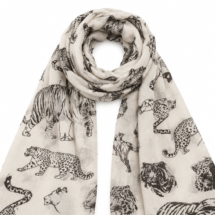 Fular con estampado de felinos en beige