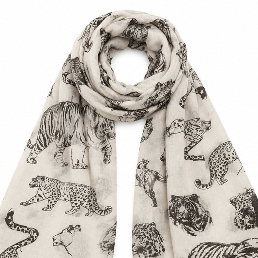 Fular con estampado de felinos en beige