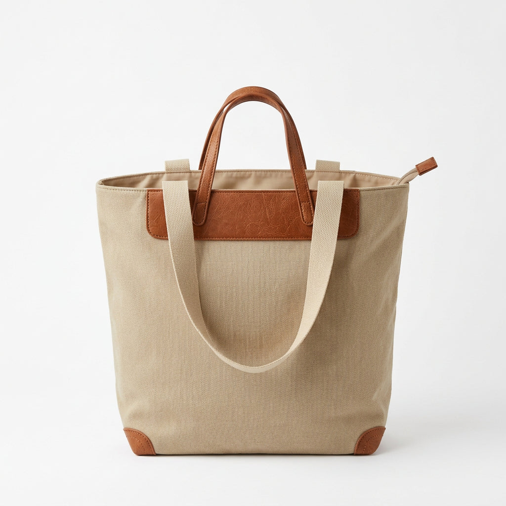 Bolso tipo tote bag de loneta con doble asa en beige y marrón