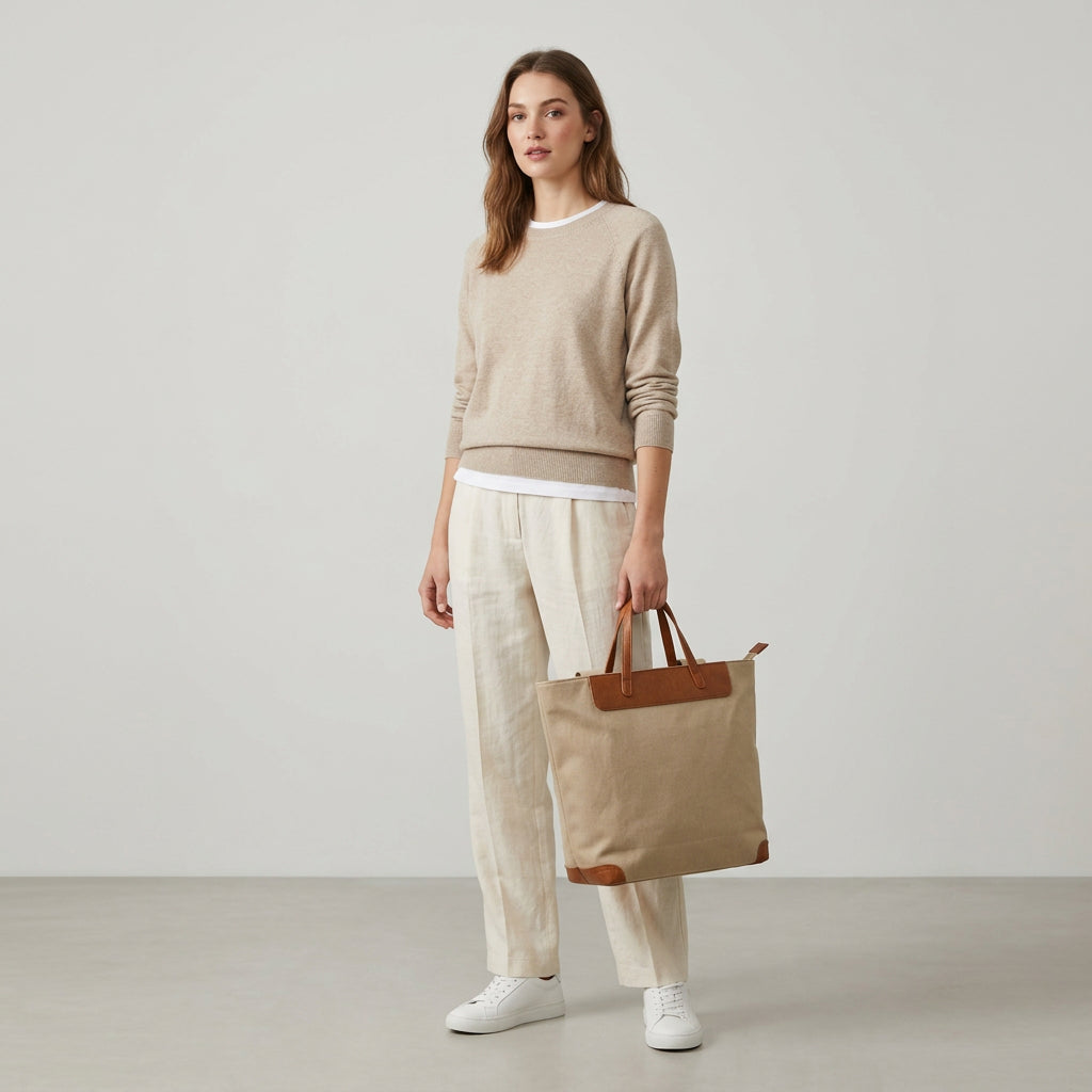Bolso tipo tote bag de loneta con doble asa en beige y marrón