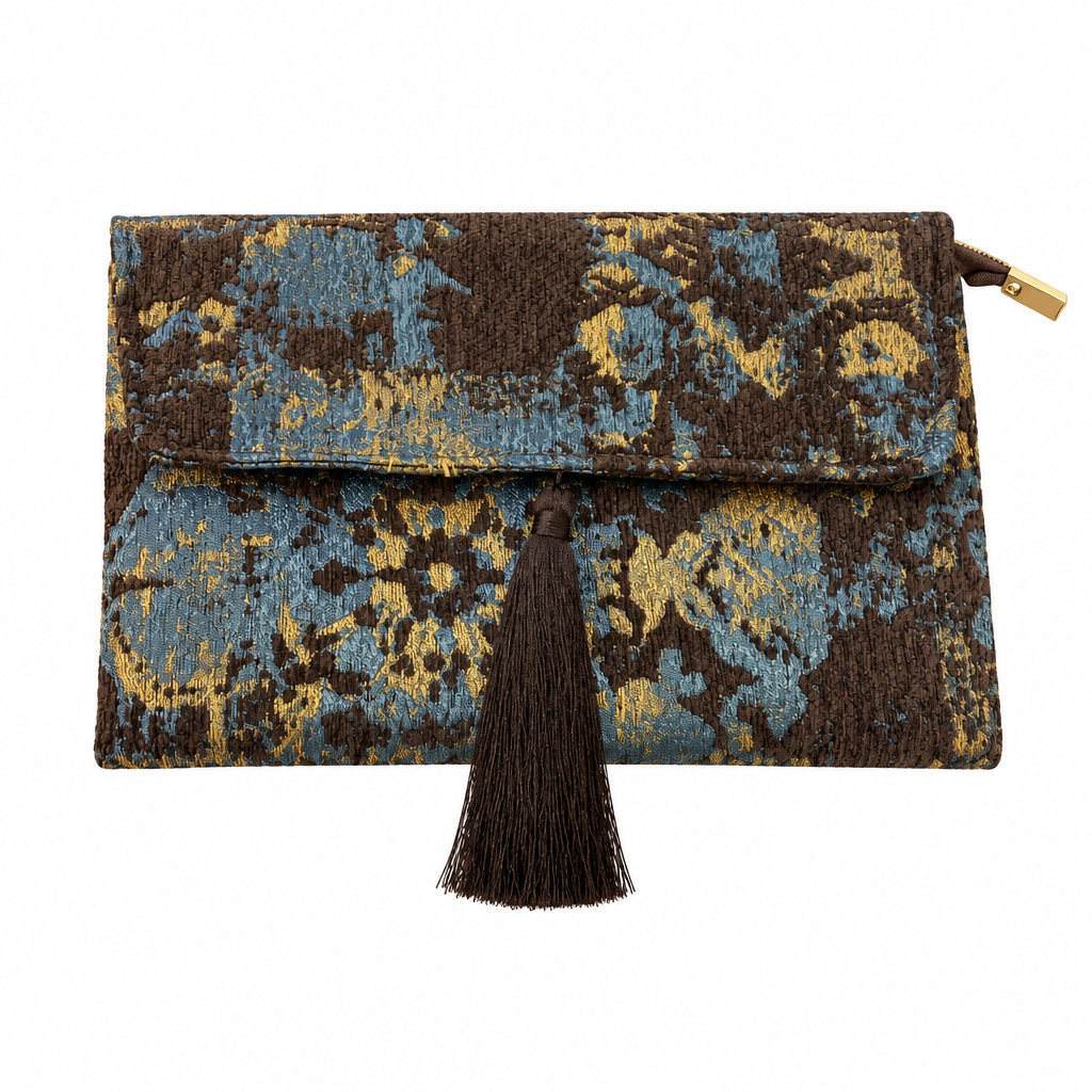 Bolso fiesta sobre de terciopelo estampado abstracto chocolate y ocre
