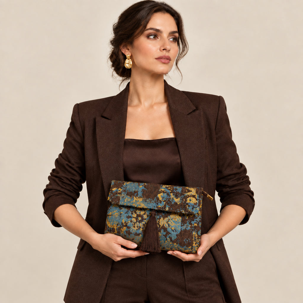 Bolso fiesta sobre de terciopelo estampado abstracto chocolate y ocre
