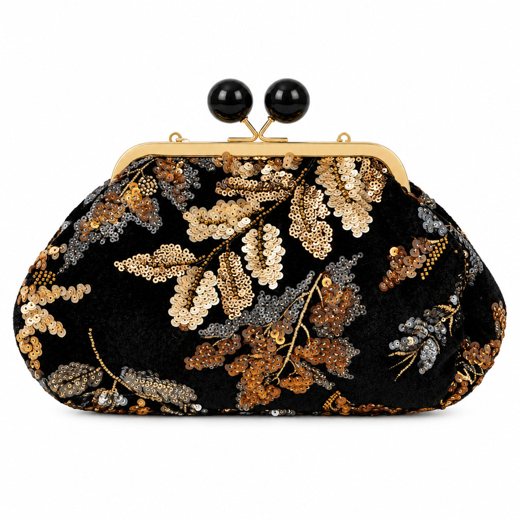 Bolso fiesta clutch vintage terciopelo y diseño floral con lentejuelas