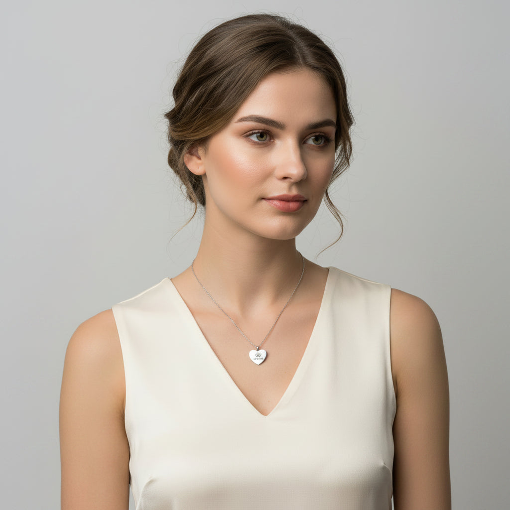 Collar de acero con dije de corazón y emblema de mamá en acabado plata