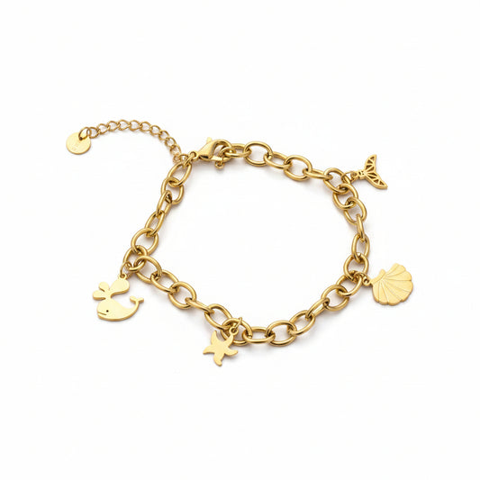 Pulsera de acero con cadena de eslabones y dijes marinos en acabado oro - Moments by You