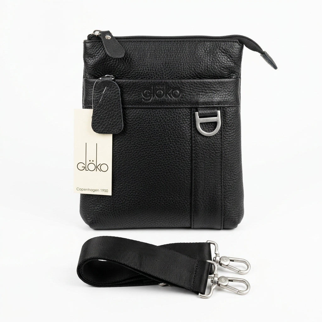 Bolso bandolera unisex piel 100% auténtica con compartimentos color negro