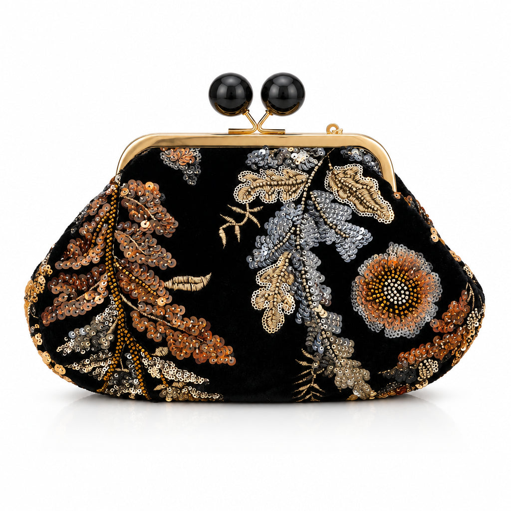 Bolso fiesta clutch vintage terciopelo y diseño floral con lentejuelas