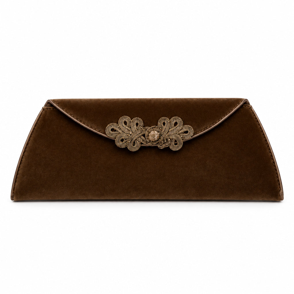 Bolso fiesta de terciopelo alargado con detalle floral trenzado