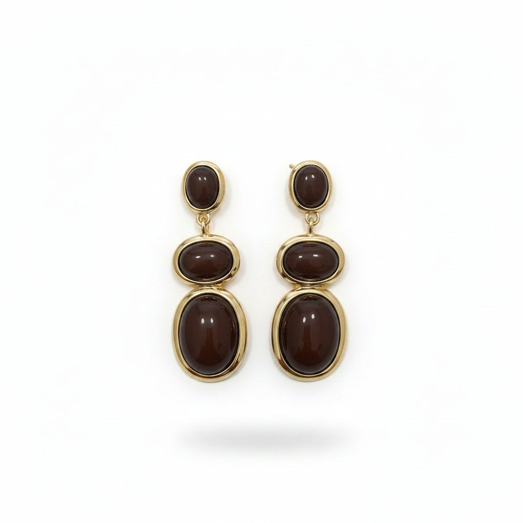 Pendientes largos de latón de tres alturas con piedras en chocolate