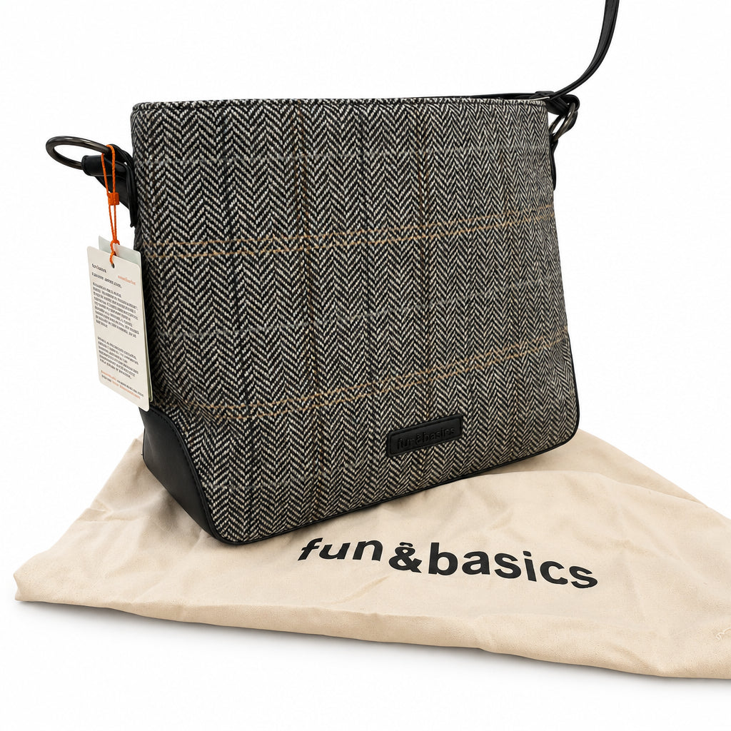 Bolso shopper tela tweed de espiga negra, gris y blanca
