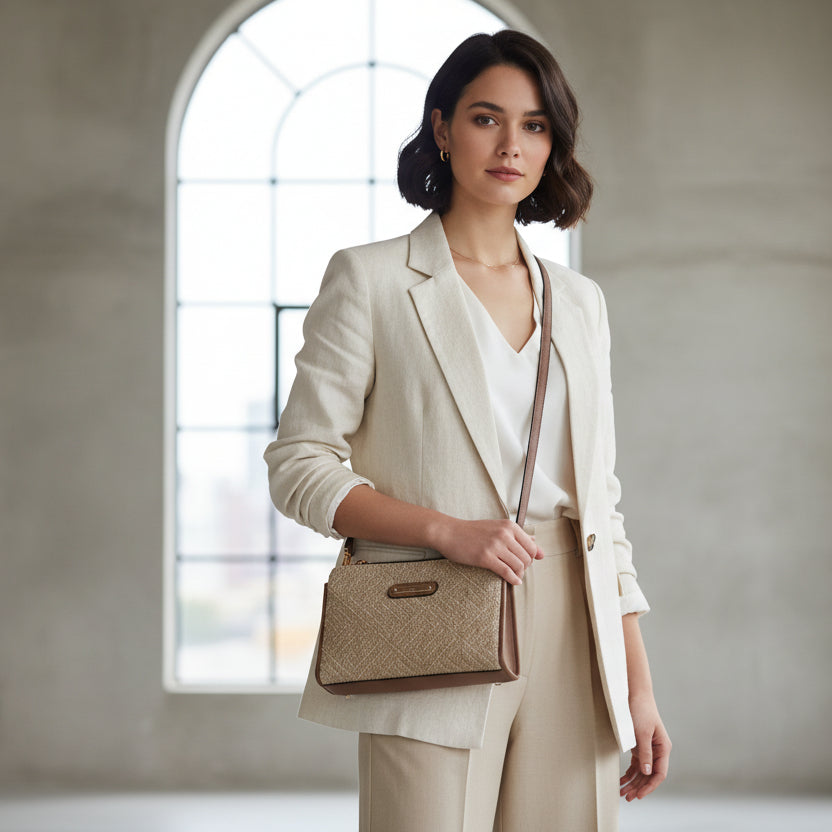 Bolso bandolera de fibra 100% natural mezclado con beige y dorado con doble cremallera - Moments by You