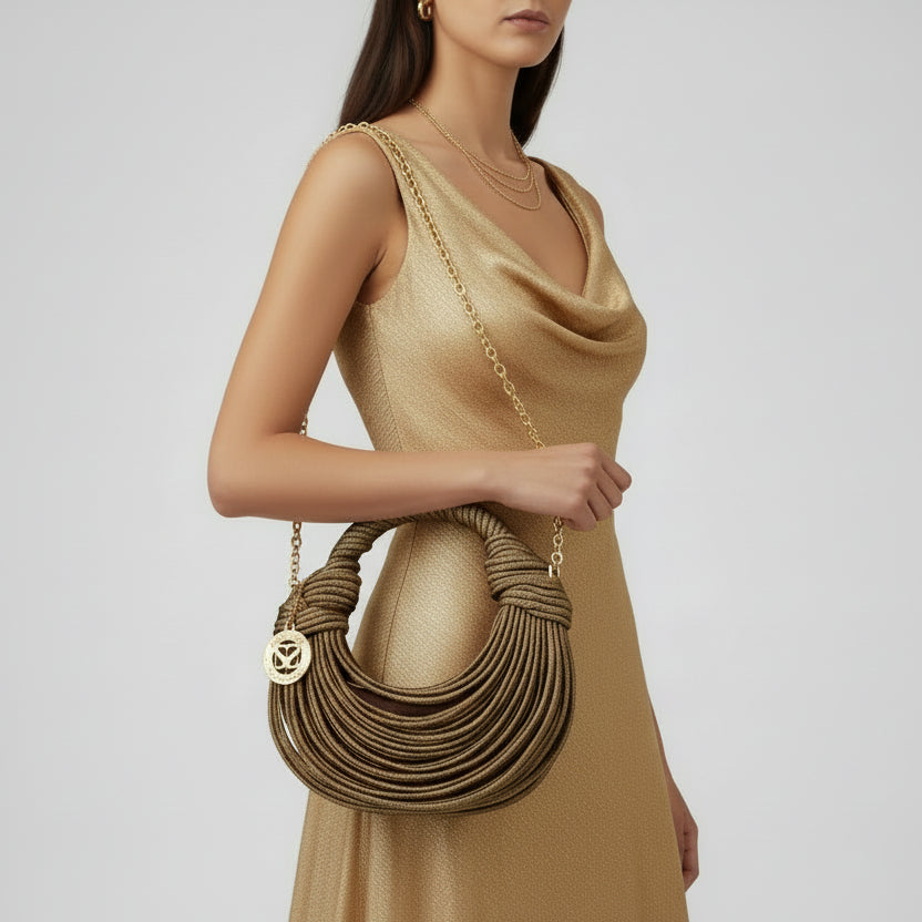 Bolso fiesta media luna de fibra 100% natural a tiras entrelazadas y acabado brillante - Moments by You