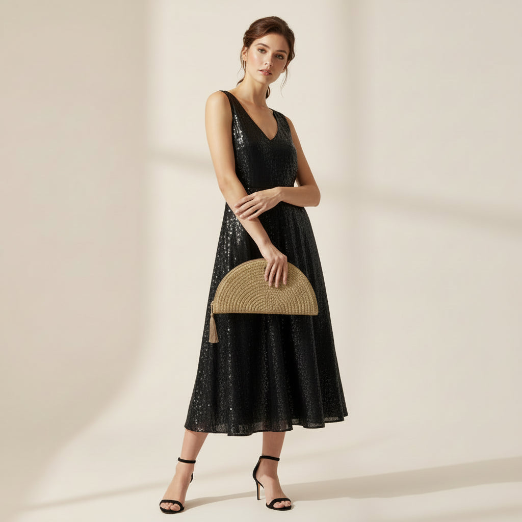 Bolso de mano 100% fibras naturales en forma de abanico en color dorado - Moments by You