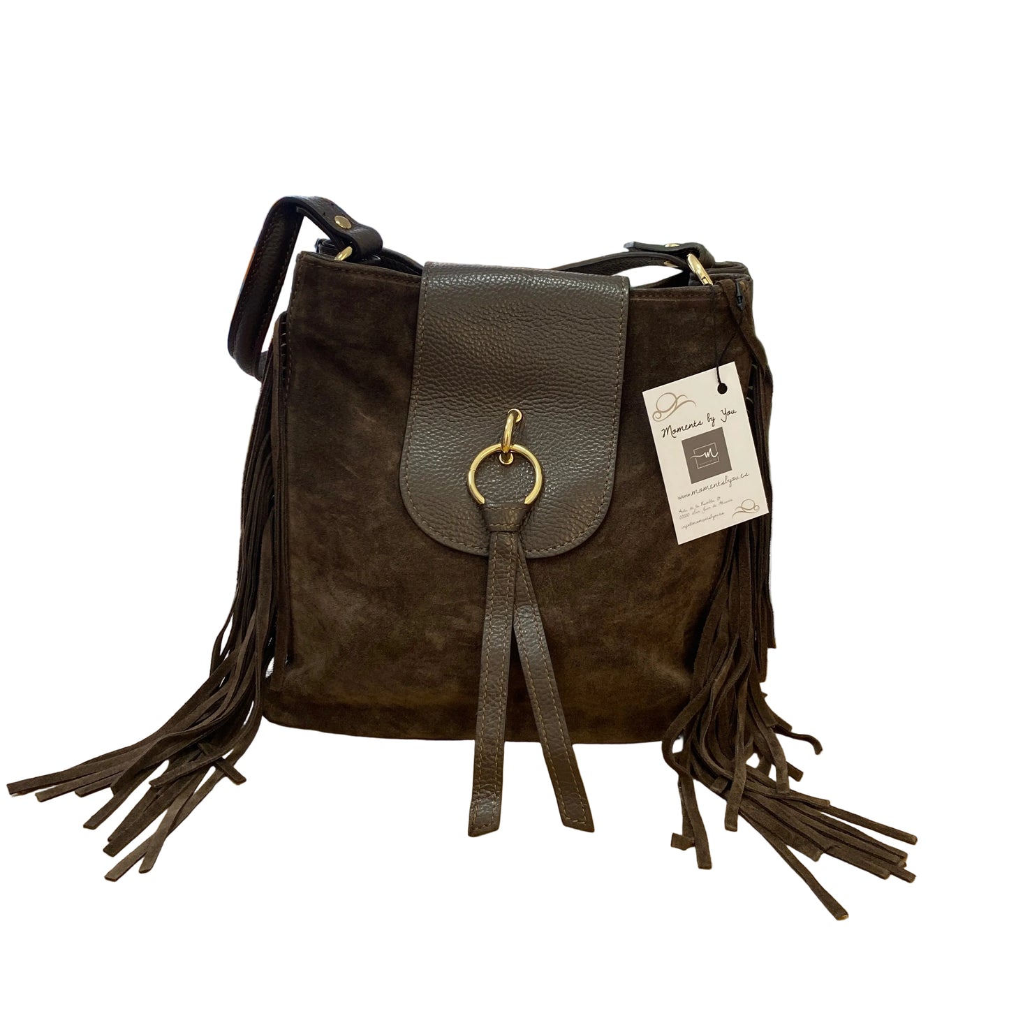Bolso de mano y bandolera piel 100% ante con flecos color chocolate